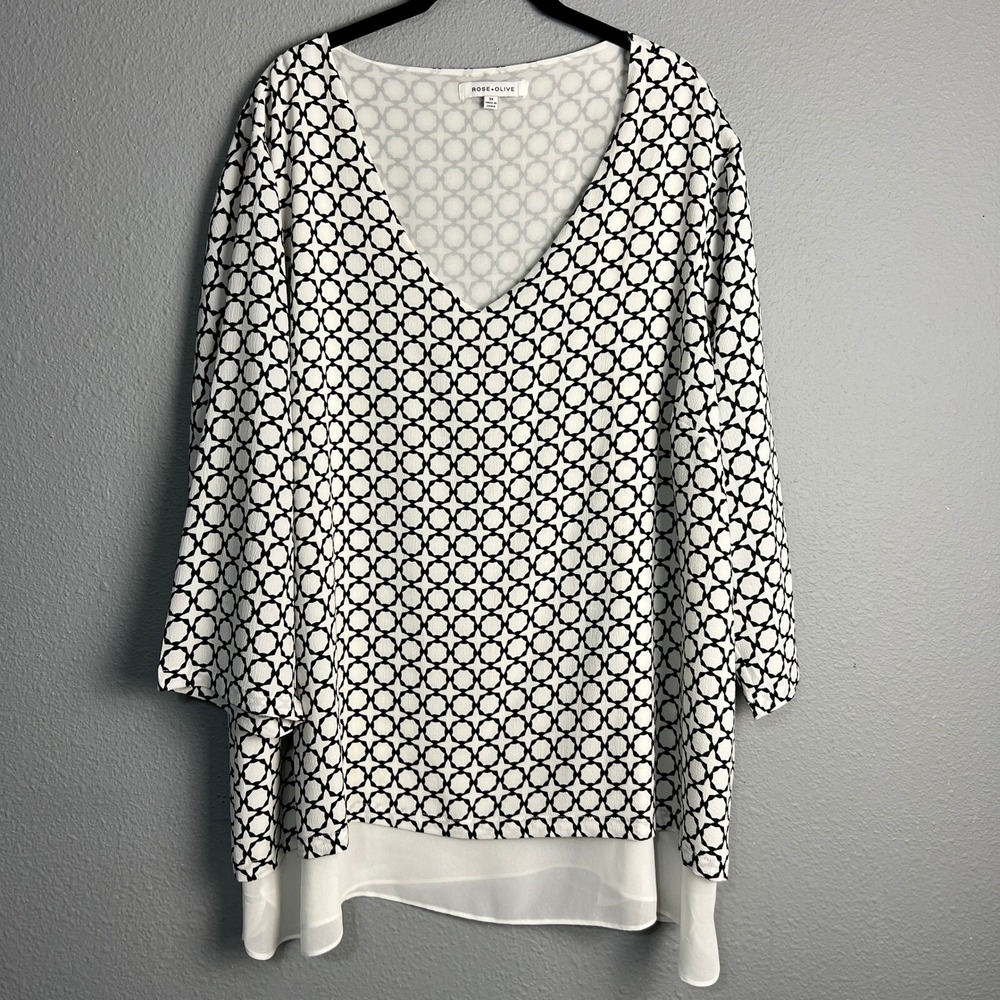 Rose‎ & Olive Blouse Top Geometric Print 3/4 Sleeve Layered Hem Career Wear 3X